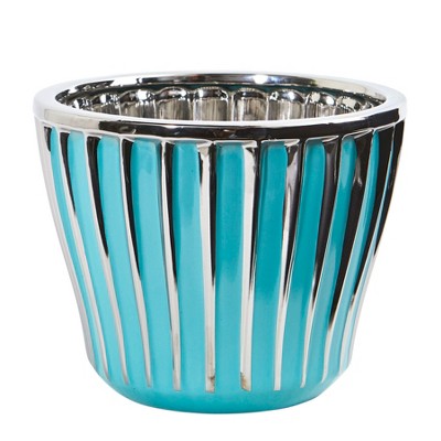 Nearly Natural 7.5-in Turquoise Vase with Silver Trimming