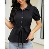 Women's Short Sleeve Button Down Shirts Casual Tie Waist Peplum Top Lapel V Neck Ruffle Hem Belted Work Blouse - 2 of 4