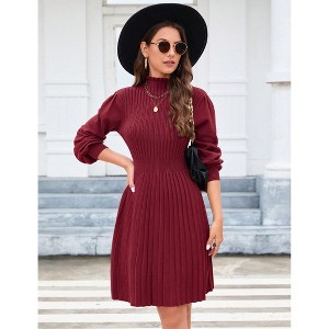 Women's Mock Neck Knit Sweater Dress Casual Long Sleeve  Ribbed Knit Pullover Dress - 1 of 4