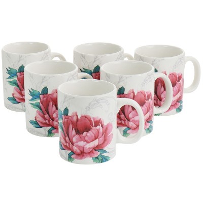 Gibson Peony 16 Ounce Fine Ceramic Mug Set in White and Pink