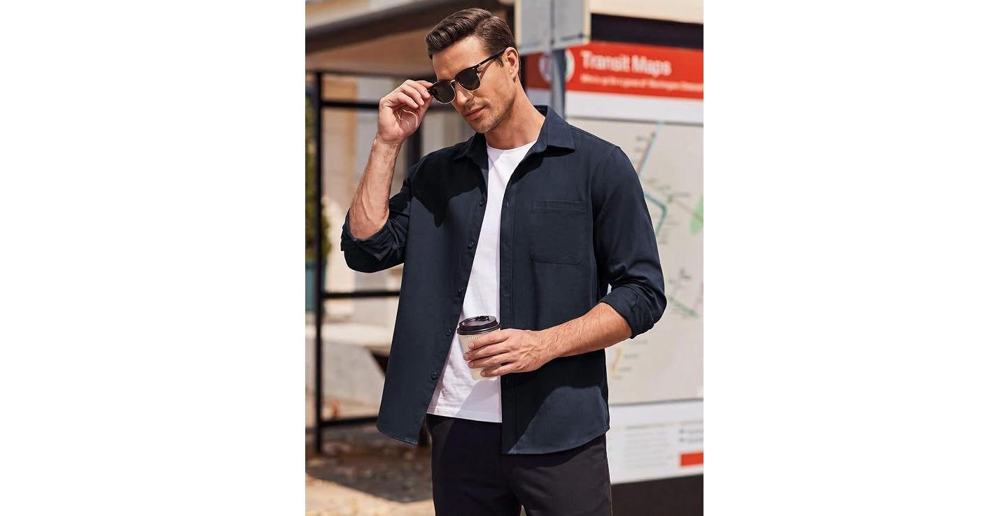 Мужская куртка COOFANDY Lightweight Button Down Shirt Jacket Casual Shacket Overshirt Nave Blue L Navy Blue, цвет: Синий — фото 2