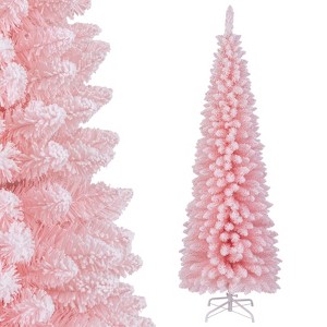 Tangkula 8 FT Christmas Tree Artificial Xmas Tree with 1000 Flocked Branch Tips & Folding Metal Stand Slim Pencil Decoration Tree - 1 of 4