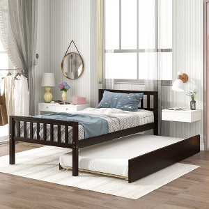 Twin Size Bed Frame with Trundle and Headboard, Wood Slats Support Sofa Bed for Guest, Platform Bed for Bedroom,No Box Spring Needed - 1 of 4