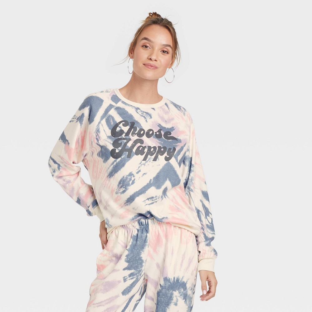 Women's Choose Happy Graphic Sweatshirt - Off-White Tie-Dye XXL