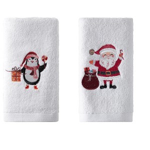 Kate Aurora 2 Piece Christmas Penguin & Santa Claus Embroidered Cotton Hand Towel Set - 1 of 2