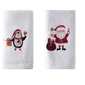 Kate Aurora 2 Piece Christmas Penguin & Santa Claus Embroidered Cotton Hand Towel Set