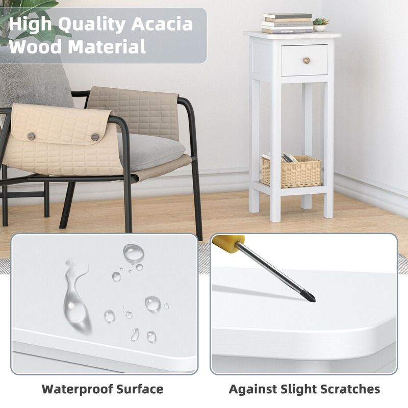 Tangkula 2PCS Narrow Side Table Small End Table for Small Spaces Farmhouse Acacia Wood Slim Sofa Table Thin Nightstand w/Drawer & Open Shelf White, 4 of 9