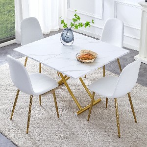 Lyngins 5-Piece Modern Lift Table Set – White Textured Sticker MDF Desktop, Golden Metal Legs & 4 Chairs, Multifunctional Coffee/Dining/Bar Table Set - 1 of 4
