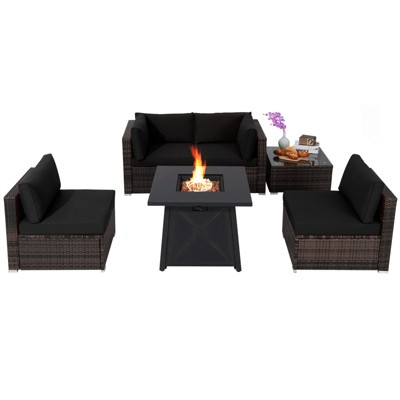 Tangkula 6-Piece Patio Furniture Set w/ 30" Propane Fire Pit Table Outdoor PE Wicker Conversation Set w/ Cushions &Tempered Glass Coffee Table