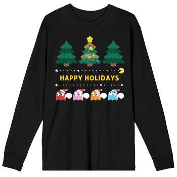 Pac-Man Happy Holidays Crew Neck Long Sleeve Black Adult Tee-Small