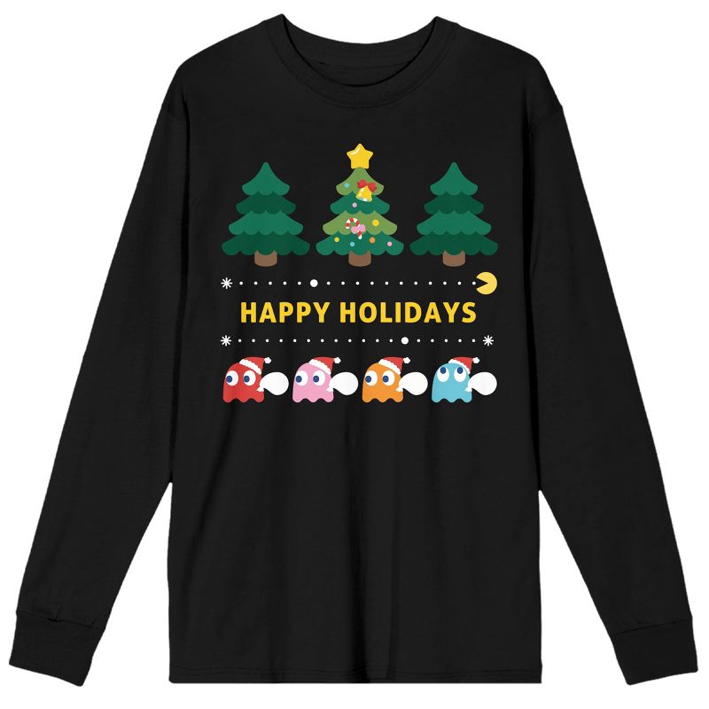 Pac-Man Happy Holidays Crew Neck Long Sleeve Black Adult Tee-Small, 1 of 5