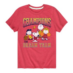 Boys' - Peanuts - Snoopy Charlie Lucy Sally Football Champions Short Sleeve Graphic T-Shirt - 1 of 4