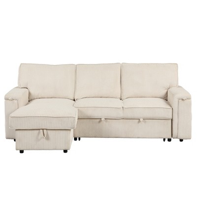 96.1" Beige Upholstered L-Shaped Sectional Sofa with Storage and Cup Holders