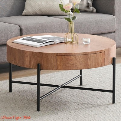 Round Coffee Table w/Two Drawers Circle Center Table w/ Storage Farmhouse Coffee Table Living Room Wood Look Cocktail Table w/ Metal Frame