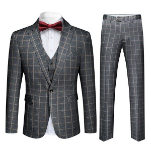Cloudstyle Mens 3-Piece Plaid Suit Set Modern Fit Jacket Tux Blazer Vest Pants - 1 of 4