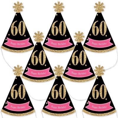 Big Dot of Happiness Chic 60th Birthday - Pink, Black and Gold - Mini Cone Birthday Party Hats - Small Little Party Hats - Set of 8