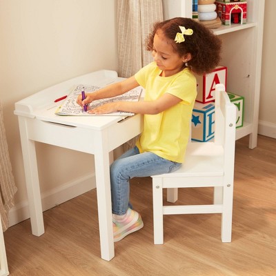White Wooden Child's Writing Desk with Lift-Top and Chair