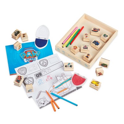 Photo 2 of Melissa & Doug PAW Patrol Wooden Stamps Activity Set with Markers Activity Pad (25 Pieces) - The PAW Patrol pups are ready to go go go wherever imagination leads! Mix and match wooden-handled pup and vehicle stamps and color with markers to create countle