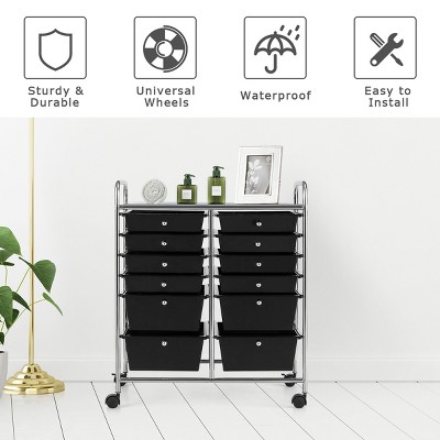 Black 12-Drawer Rolling Storage Cart with Chrome Frame