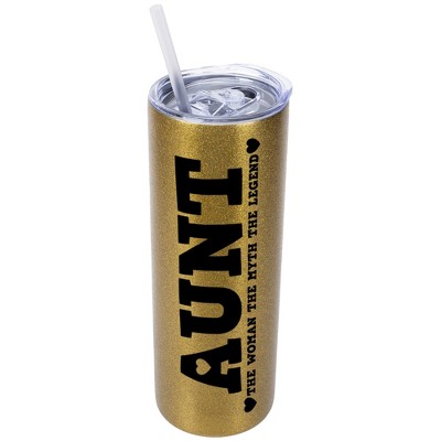 Elanze Designs Vegas Gold 20 Ounce Double Wall Stainless Steel Glitter Travel Tumbler With Sliding Lid And Straw, Aunt The Woman The Myth The Legend
