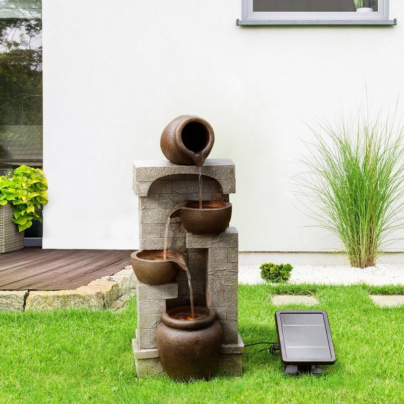 28.5&#34; Solar Powered Outdoor Waterfall Fountain with Two Pots, Two Bowls - Natural - Teamson Home, 5 of 13