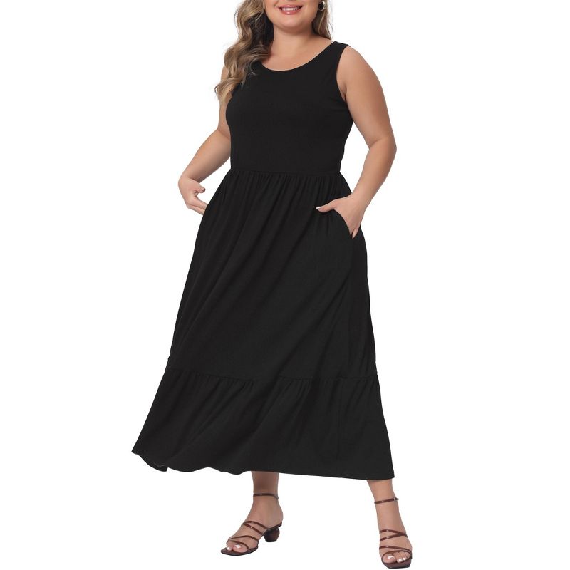 Agnes Orinda Women's Plus Size Round Neck Sleeveless Casual Tiered with Pockets Ruffle Maxi Sundresses, 1 of 5