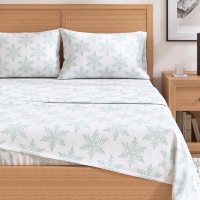 Queen White Snowflake Cotton Flannel Sheet Set