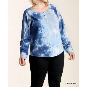 Women's Tie Dye Button Front Raglan Sleeve Top With Raw Hem - umgee - 1 of 4