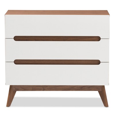 White and Walnut Mid-Century Modern 3-Drawer Chest