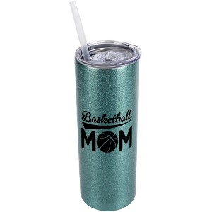 Elanze Designs Turquoise Blue 20 Ounce Double Wall Stainless Steel Glitter Travel Tumbler With Sliding Lid And Straw, Basketball Mom - 1 of 4