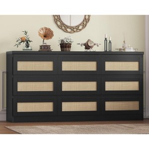 9 Drawer Dresser for Bedroom, Farmhouse Rattan Dressers & Chests of Drawers with Charging Station, Wooden Storage Organizer - 1 of 4