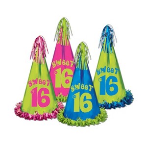 Beistle Fringed Foil Sweet 16 Party Hats, 12.5", (12/Pkg) Multicolored - 1 of 1