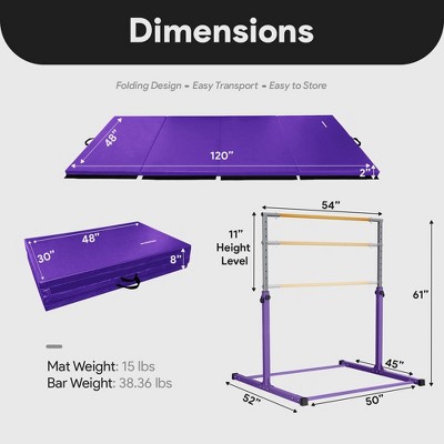 Purple Adjustable Steel Gymnastics Bar with Folding Mat Set