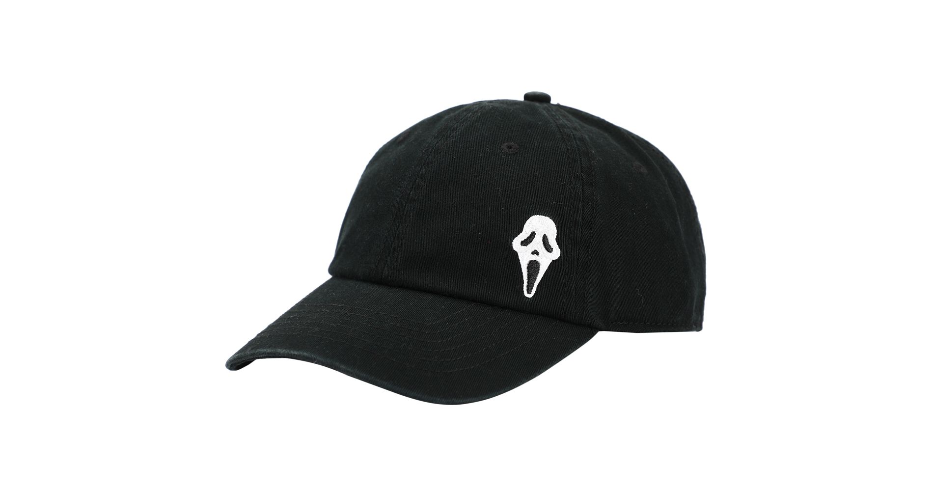 Ghost Face Embroidered Baseball Cap – Black Cotton Horror Dad Hat, Curved Bill, Adjustable Buckle Closure, Unisex