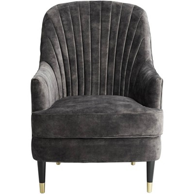Charcoal Gray Velvet Handcrafted Accent Chair with Lumbar Pillow