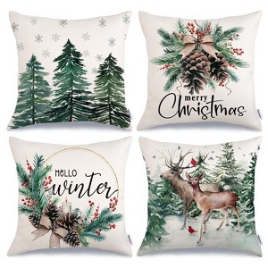 Christmas Tree Reindeer Pillow Covers 18 x 18 Inch Set of 4, Xmas Decorations, Holiday Hello Winter - 1 of 4