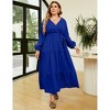 Women Plus Size V Neck Wrap Maxi Dress High Waist Ruffle Summer Casual Dress with Belt Long Sleeve,navy blue yellow flower - 4 of 4