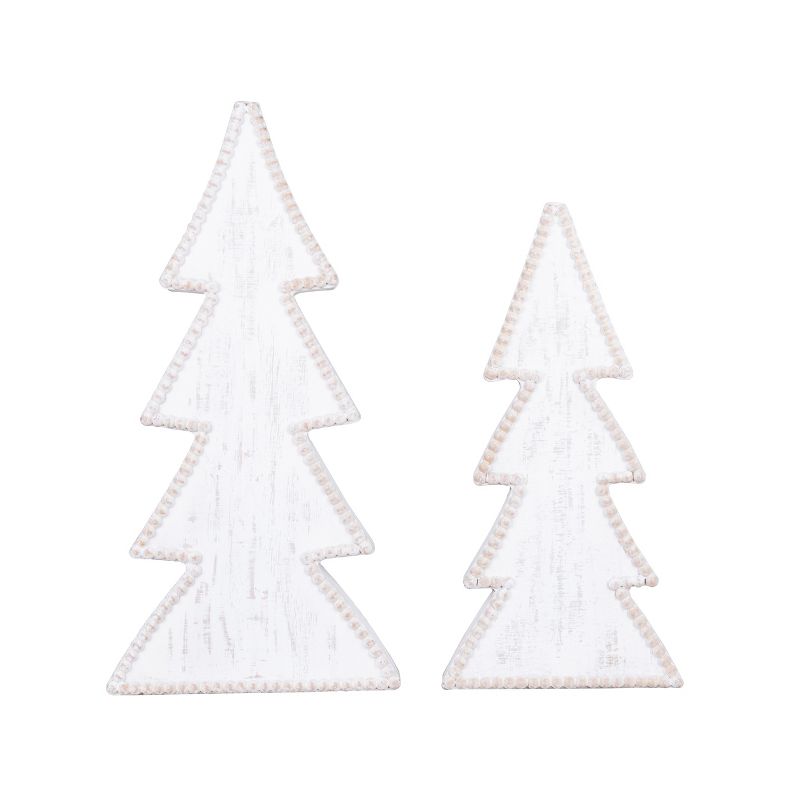 Transpac Wood 19 in. Off-White Christmas Beaded Edge Tree Set of 2, 3 of 4