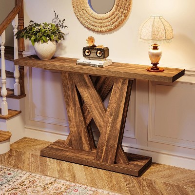 Rustic Brown 55'' Wood Console Table with Geometric Base