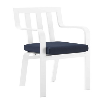 Modway Baxley Stackable Outdoor Patio Aluminum Dining Armchair – White Navy – All-Weather Lightweight Armchair with Cushion and Modern Slatted Design