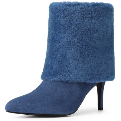 BLISSFUL STEP Women's Faux Fur Stiletto Heel Pointed Toe Ankle Boots
