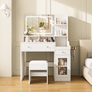 HYLEORY Vanity Desk with Mirror, Power Outlet, Hair Dryer Bracket, Makeup Table with 2 Drawers,3 Color Modes Available for Bedroom,White - 1 of 4