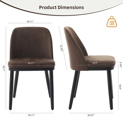 Front and side view of a brown upholstered dining chair with dimensions