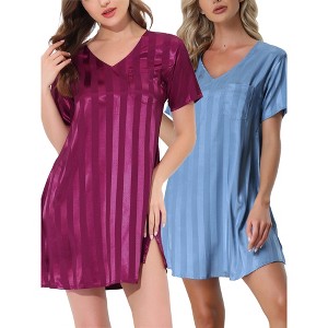 cheibear Women's Short Sleeve Mini Striped Pajama Dress 2 Packs - 1 of 3