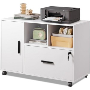 Office File Cabinet with Lock, 1-Drawer Wood Lateral Filing Cabinet on Wheels, Printer Stand with Open Storage Shelves for Home Office - 1 of 1