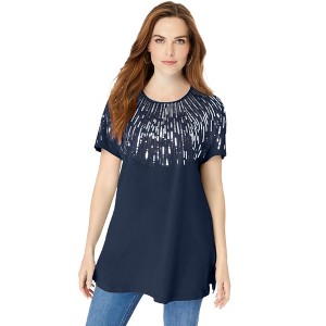Roaman's Women's Plus Size Embellished Tunic With Side Slits - 1 of 4
