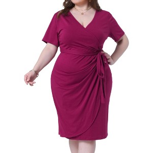 Agnes Orinda Women's Plus Size V Neck Short Sleeve Belt Tulip Hem Ruched Cocktail Wrap Dresses - 1 of 4