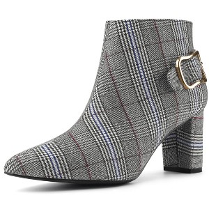 Allegra K Women's Plaid Pointed Toe Chunky Heels Ankle Boots - 1 of 4