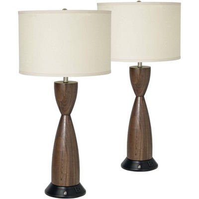 360 Lighting Modern Table Lamps Set of 2 with AC Power Outlet Chocolate Brown Faux Wood White Drum Shade for Living Room Bedroom