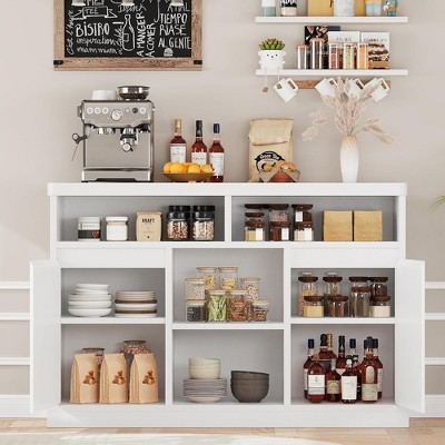 Modern Buffet Cabinet with Storage, Fluted Sideboard Cabinet with 2 Doors, White Accent Coffee Bar Cabinet with Adjustable Shelves for Kitchen Room